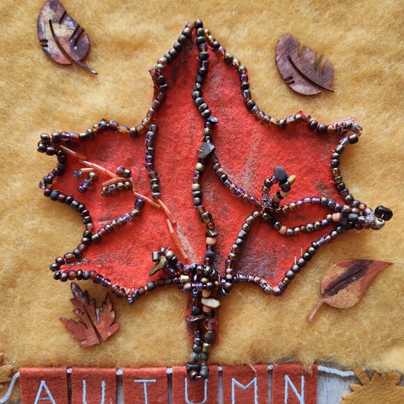 New handmade home decor felted and beaded leaf on a board ready to hang. 9x9inch - Picture 1 of 2